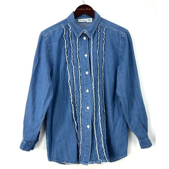 Cabin Creek Womens Button Up Shirt Long Sleeve Ruffle Chambray Sz L 1042E4 - Picture 1 of 10